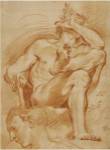 A Seated Nude Man, A Youthful Head, and a Caricature Head of a Man Playing a Pipe by Domenico Maria Canuti