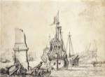 A Ship in a Port with a Ruined Obelisk by Pierre Puget