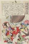 Debris from Russian battleship falling to the bottom of the sea where it is being salvaged by fish wearing kimonos
