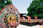 Decorative drum in front of a building, Meiji Jingu Shrine, Tokyo, Japan