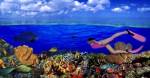 Diver along reef with parrotfish, Green Moray Eel and White Spotted Filefish (Cantherhines macrocerus) underwater by Panoramic Images