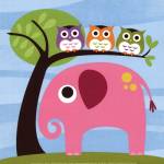 Elephant with Three Owls by Nancy Lee