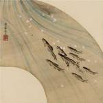 Fan-shaped drawing of fish swimming upstream