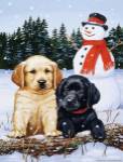 Lab Puppies With Snowman by William Vanderdasson