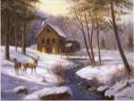 Log Cabin with Deer by Marianne Caroselli