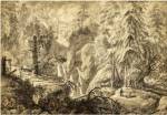 Mountain Landscape, Peasants in a Clearing near a Waterfall by Anthonie Waterloo