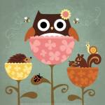 Owl, Squirrel and Hedgehog in Flowers by Nancy Lee