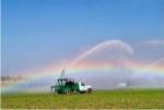 Rainbow seen under the spray from sprinkler in a vegetable field, Florida, USA