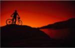 Silhouette of a man standing with his mountain bike, Lake Powell, Utah, USA