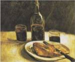 Still Life with Bottle, Two Glasses, Cheese and Bread by Vincent van Gogh