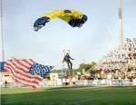 U.S. Navy Demonstration Parachute Team, the Leap Frogs, Lands at the 50 Yard Line of Aggie Stadium Greensboro NC